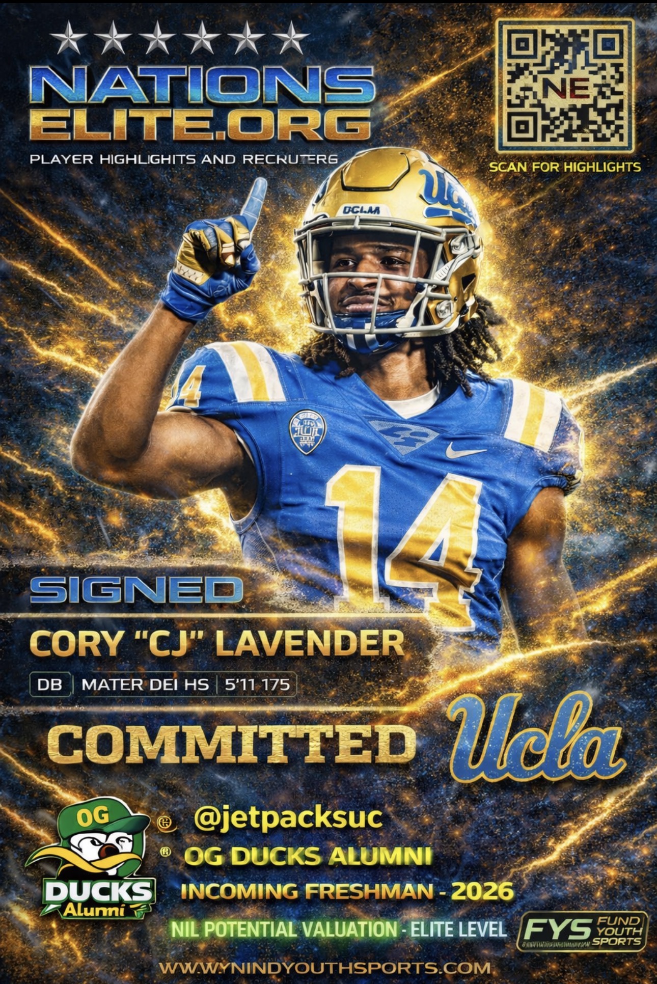 Nations Elite signed and committed recruiting visual for UCLA defensive back Cory CJ Lavender