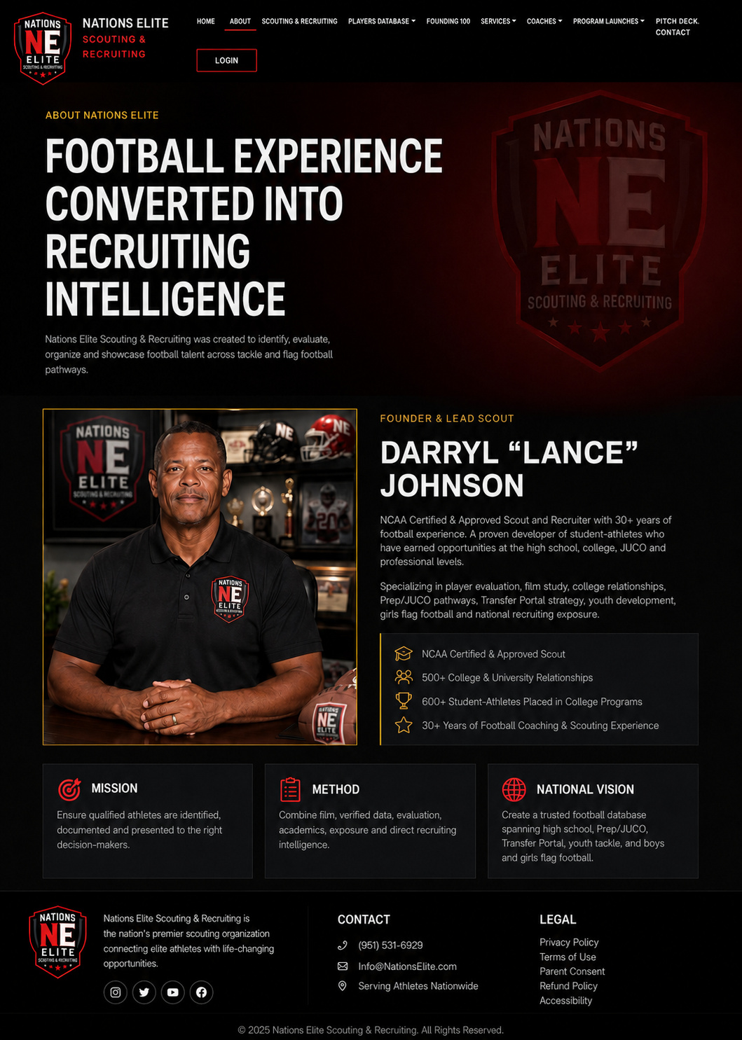 Nations Elite leadership and company profile featuring founder and lead scout Darryl Lance Johnson
