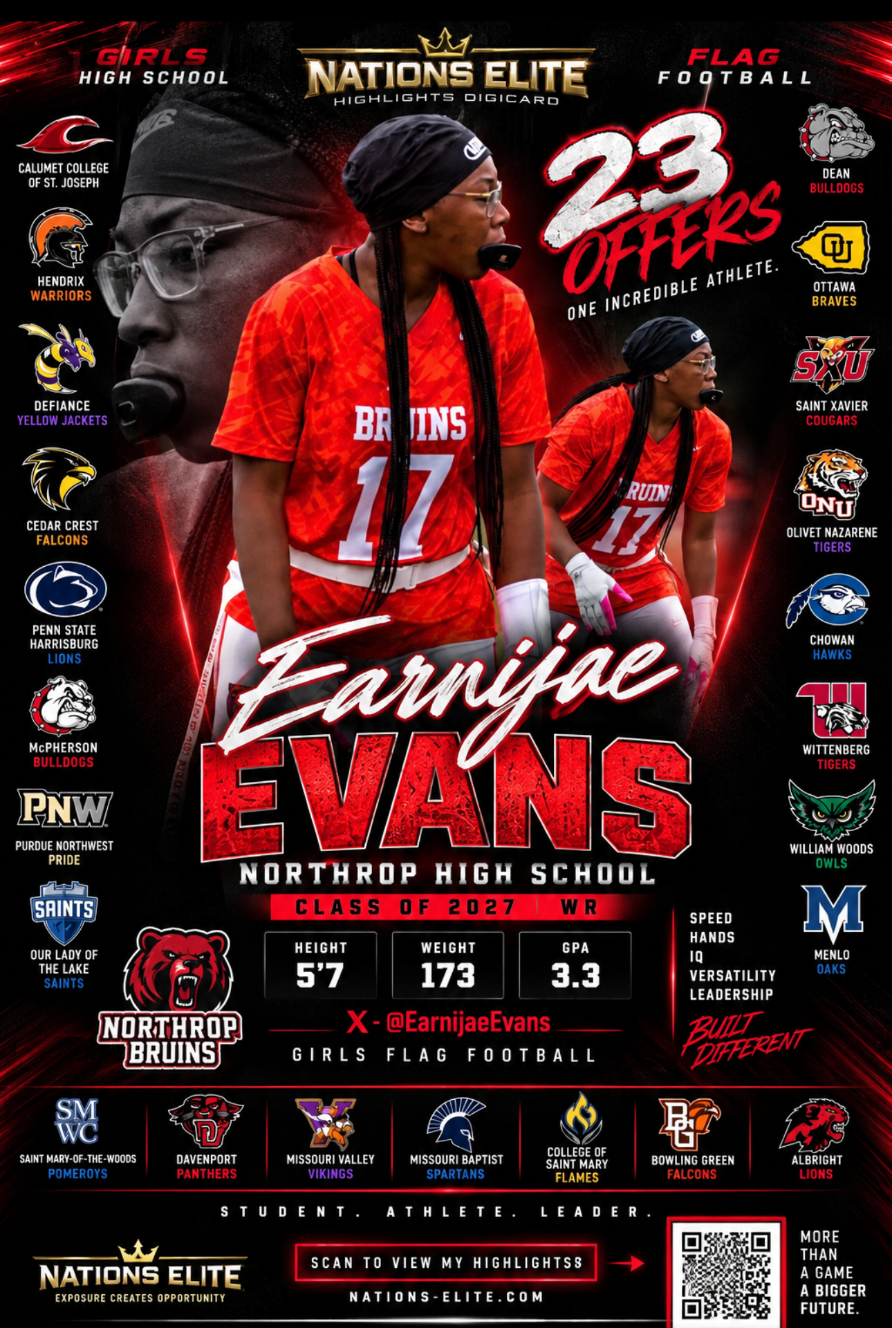 Nations Elite 23 offers graphic for National High School Girls Flag athlete Earnijae Evans