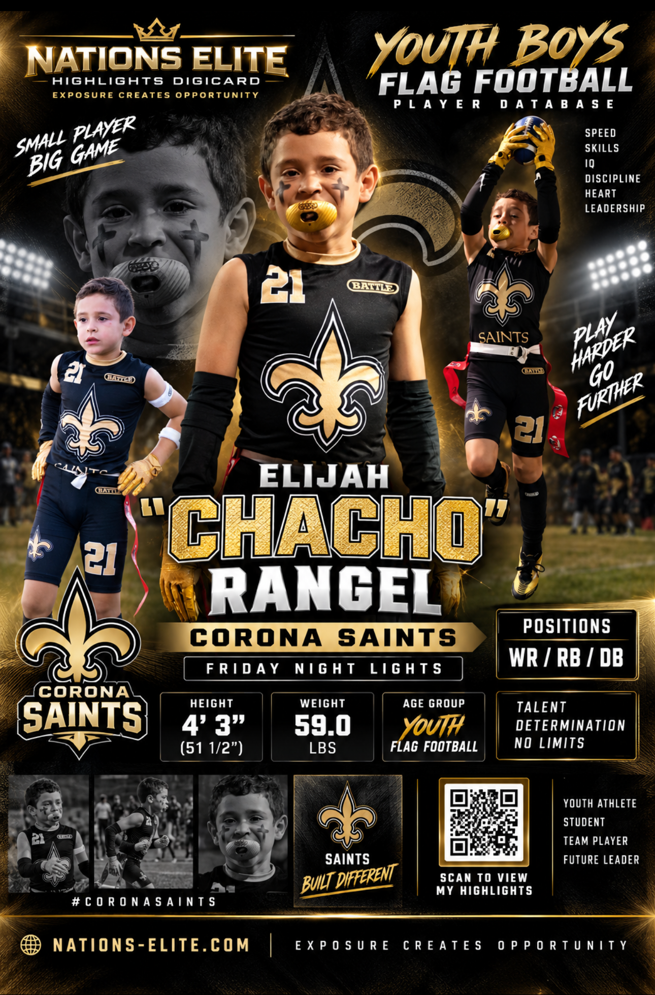 Nations Elite Youth Boys Flag Football Player Database DigiCard for Elijah Chacho Rangel