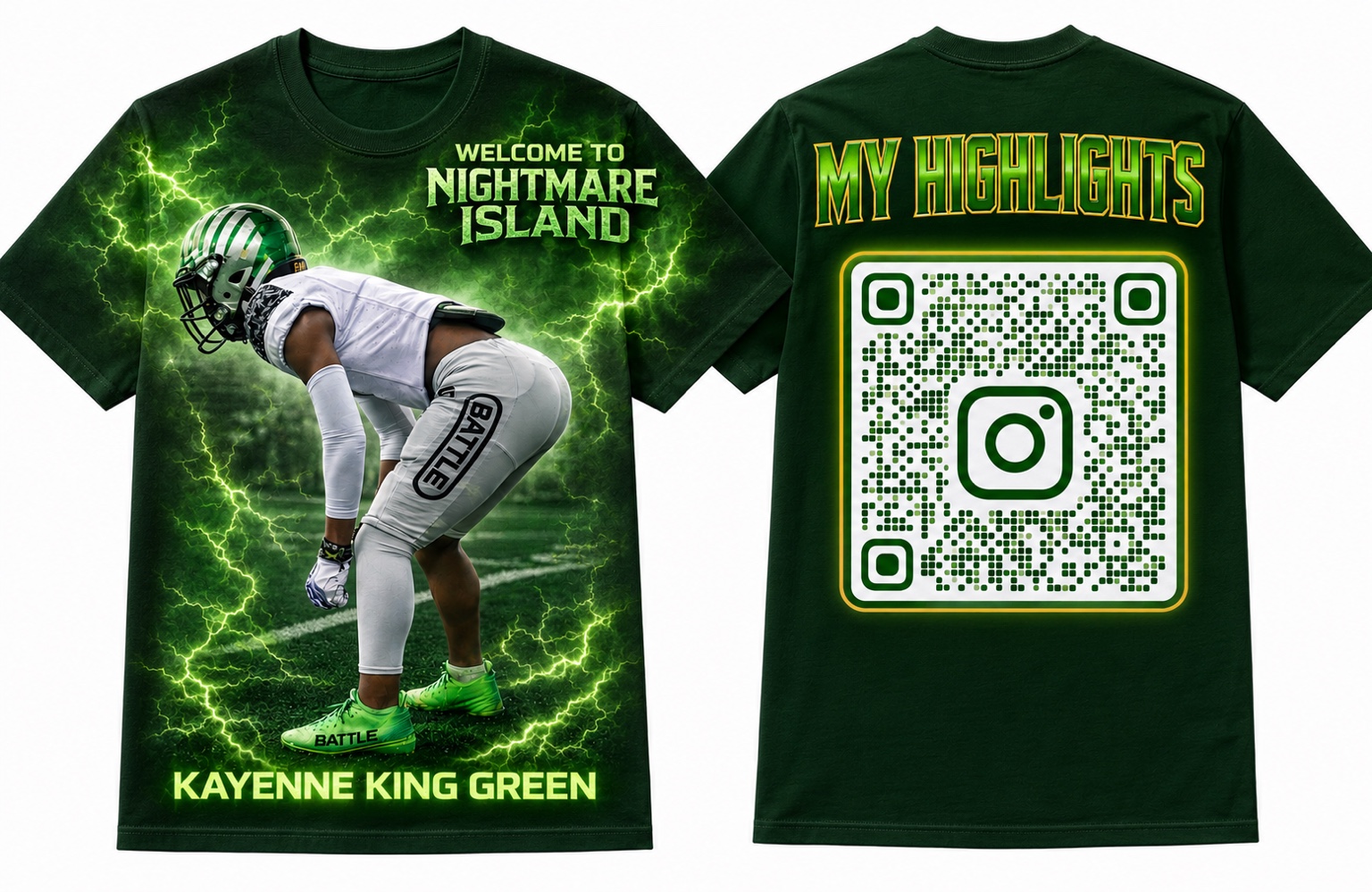 Dark green My Highlights T-shirt shown from the front and back with a large QR-code design
