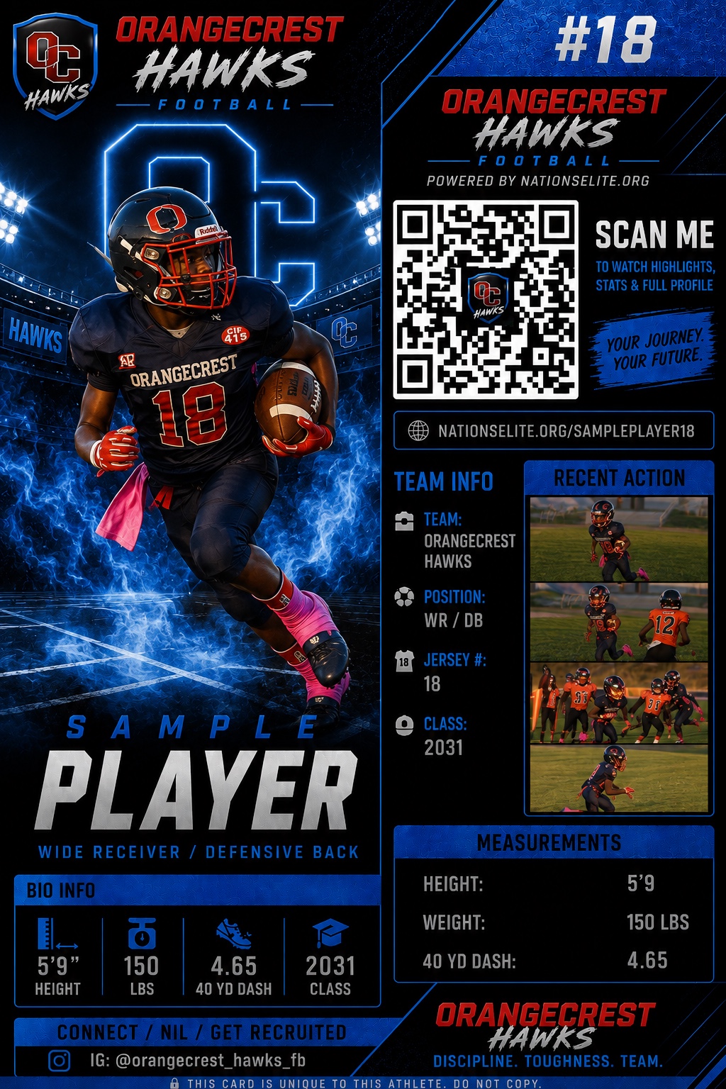 Orangecrest Hawks sample Nations Elite Highlights DigiCard for a wide receiver and defensive back