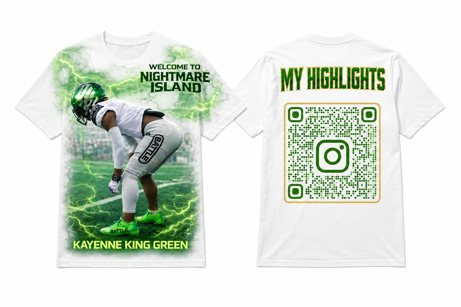 White My Highlights T-shirt shown from the front and back with a green QR-code design