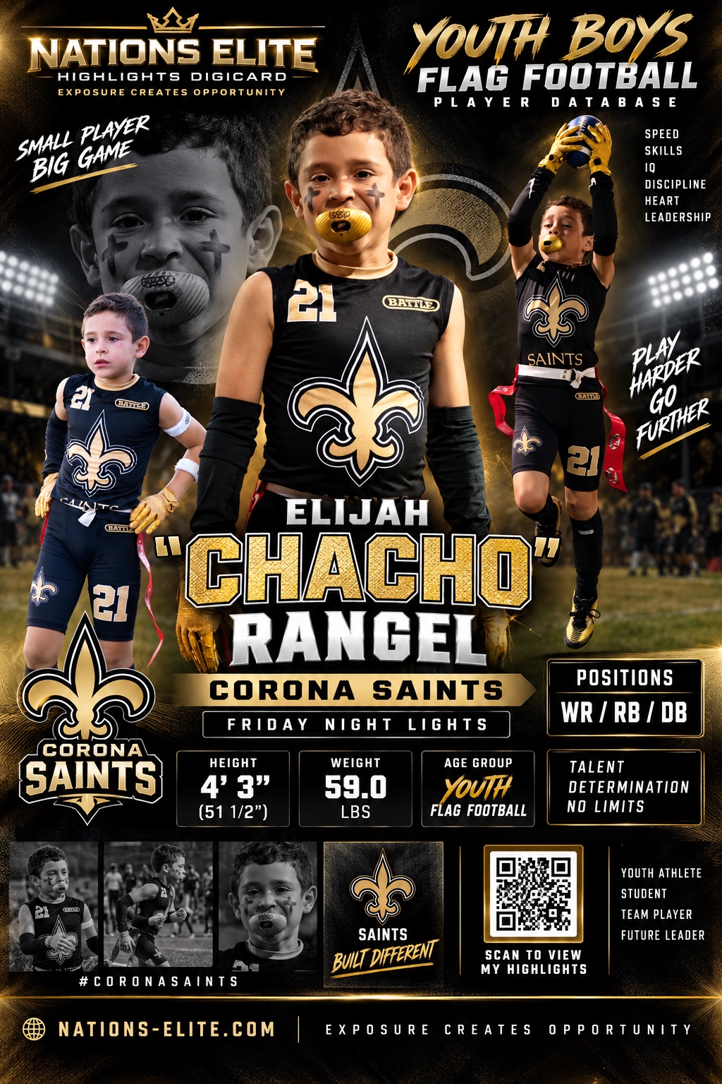 Nations Elite Youth Boys Flag Football DigiCard for Elijah Chacho Rangel of the Corona Saints