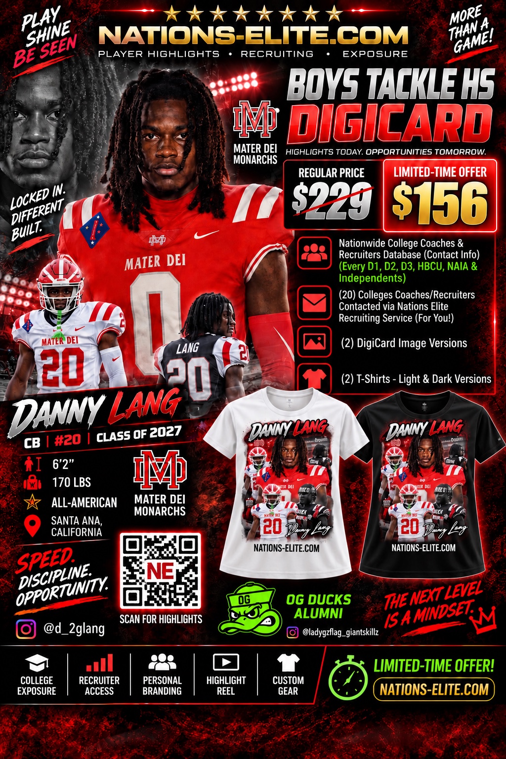 Complete Danny Lang High School Boys Tackle Highlights DigiCard package showing the $229 regular price and $156 limited-time offer
