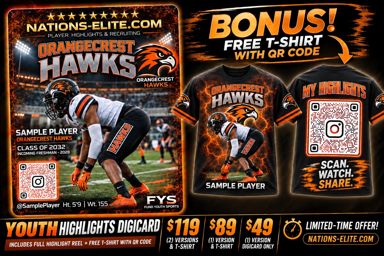 Complete OrangeCrest Hawks Youth Highlights DigiCard package with player profile and front and back QR-code T-Shirts